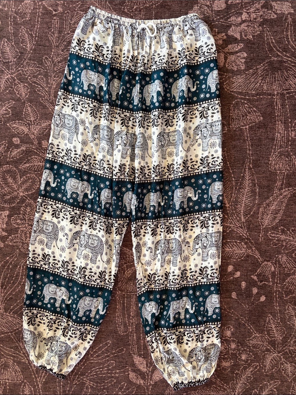 Elephant Print Harem Pants - Teal & Cream